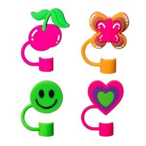 CharCharms 4pk Straw Toppers Protectors Pink Green Girls Back To School